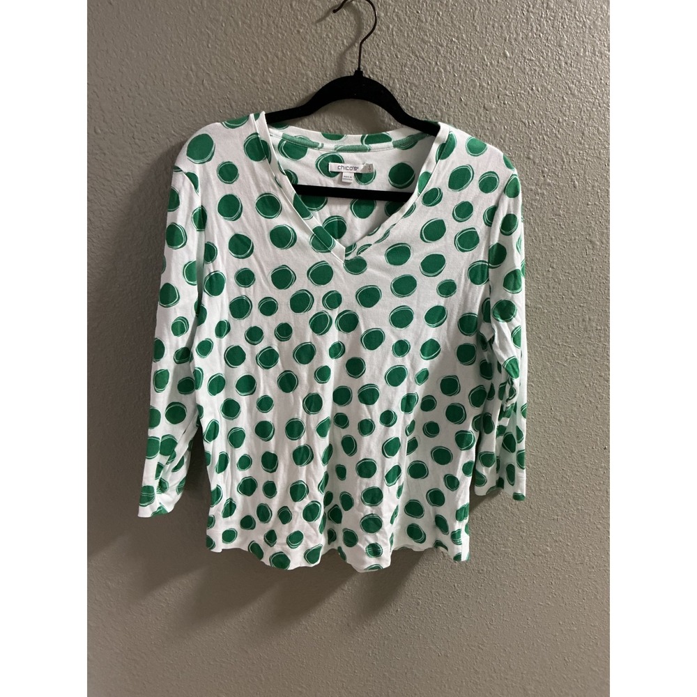Chicos Pima Cotton Green Polka Dot V-Neck Top Size 2 Large 3/4 Sleeve White